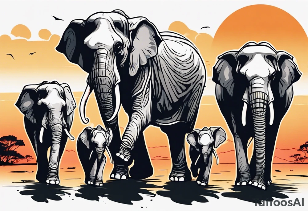 family of 6 elephants walking into sunset after one of them has died tattoo idea