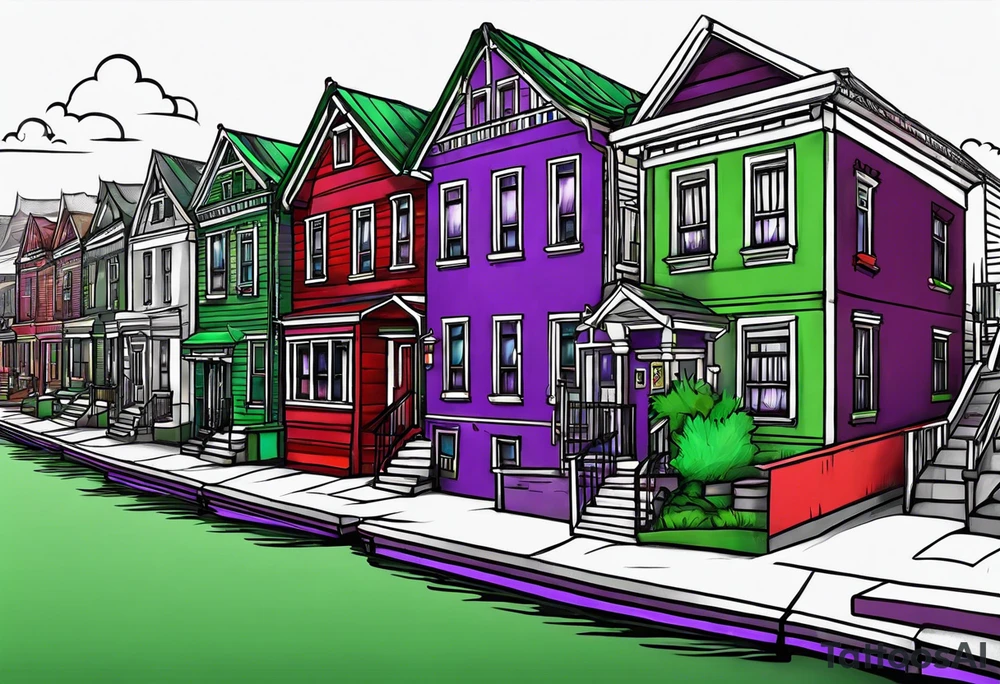 purple green red canal houses tattoo idea