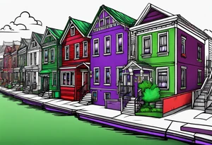 purple green red canal houses tattoo idea