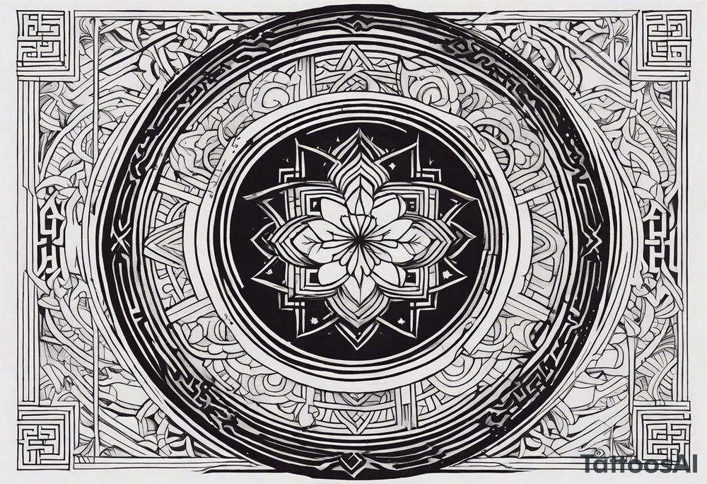 A half-and-half tattoo design, where one half features intricate geometric and mystical symbols inspired by Doctor Strange, with detailed line work or tribal patterns. The other half could integrate another element, such as a philosophical word from Asian languages, adding depth and personal meaning. The design balances mystical symbols with reflective, life-oriented themes tattoo idea