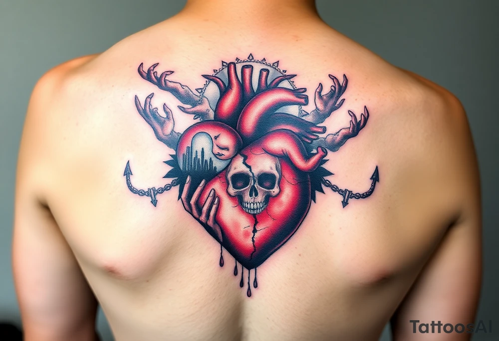 A heart that's half broken holding on by a thread and cracked with mandala art around it a city behind it 3 baby hands smoke and demons a skull floating showing it's a single mom just trying to get by tattoo idea