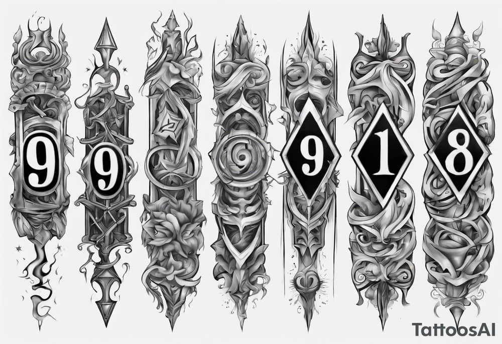 number 9 right side up and upside down connected tattoo black and grey on inside forearm 9:16 aspect ratio tattoo idea