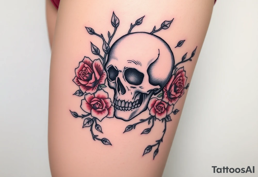 skull intertwined with roses and thorny vines tattoo idea