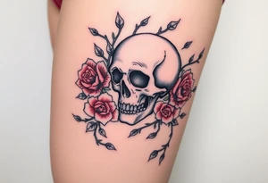 skull intertwined with roses and thorny vines tattoo idea