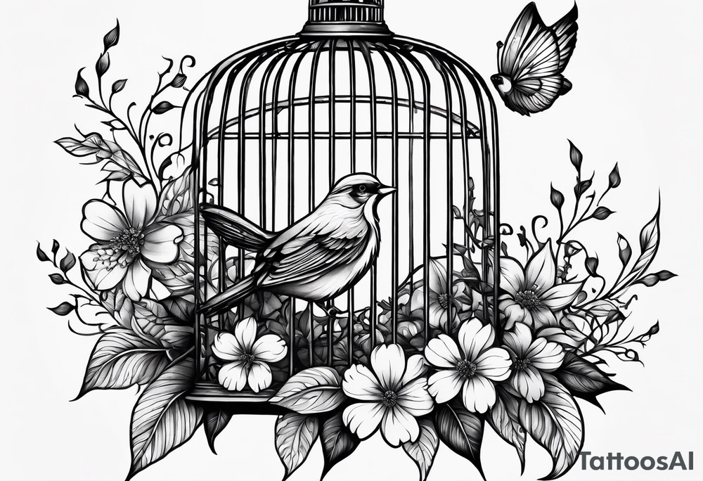 neo traditional foliage and flowers only on the left side, on the top of a long bird cage tattoo idea