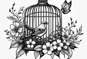neo traditional foliage and flowers only on the left side, on the top of a long bird cage tattoo idea