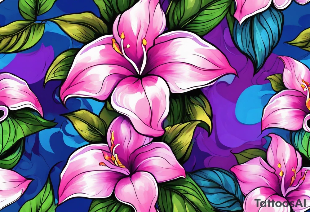 brushstroke abstract pink, purple, and blue mandevilla flowers on a vine, with color leaking out into the background. SOme of the flowers should be full color, and some just linework. It should have a handdrawn, sketch feel. tattoo idea