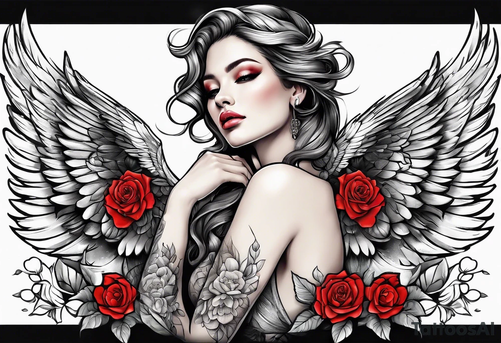 Beautiful woman angle with wings standing from head to toe imagine surrounded by roses tattoo idea