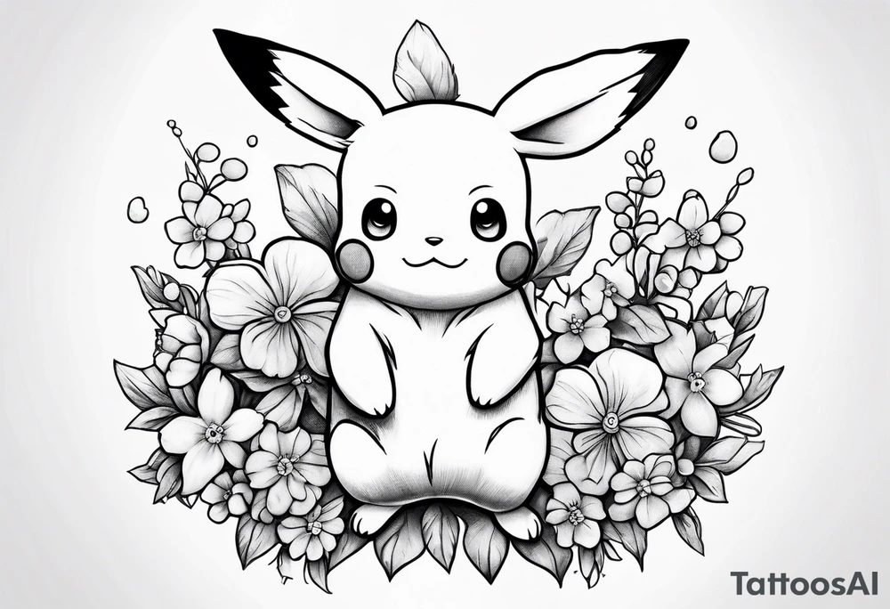 A loose bouquet of forget me knots and cute pikachu at the bottom holding them tattoo idea