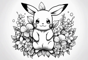 A loose bouquet of forget me knots and cute pikachu at the bottom holding them tattoo idea