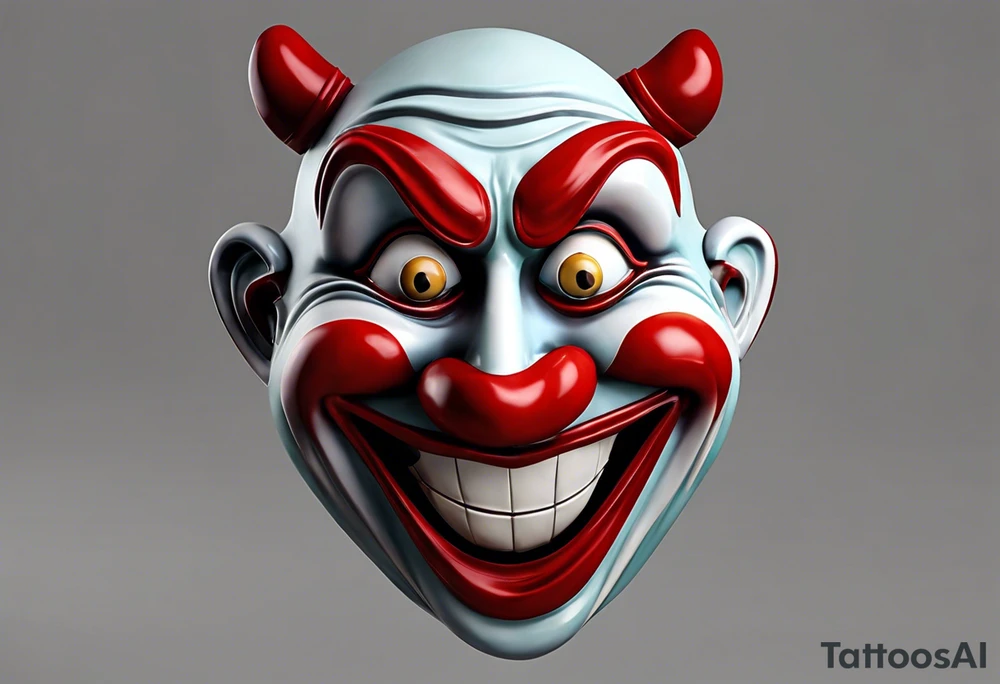 two masks Comedy mask characterized by an exaggerated, happy expression has a smiling face with an upturned mouth, rounded eyes, and a clown nose. Tragedy mask has a somber and serious expression and features a downturned mouth, furrowed brows, and deep-set, intense eyes with a clone nose tattoo idea