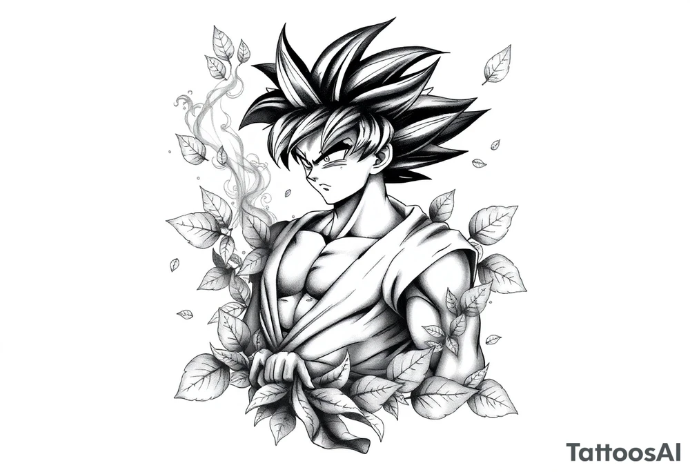 Tattoo design of Son Goku with smoke flowing through his body, surrounded by leaves in negative space effect, featuring soft shading around the edges and dotwork shading inside, with multiple contrast levels throughout. Highly detailed, intricate design with dynamic composition, emphasizing the interaction between the smoke and character, with the negative space leaves creating depth and balance. Professional tattoo art style with clean lines and sophisticated shading techniques. tattoo idea