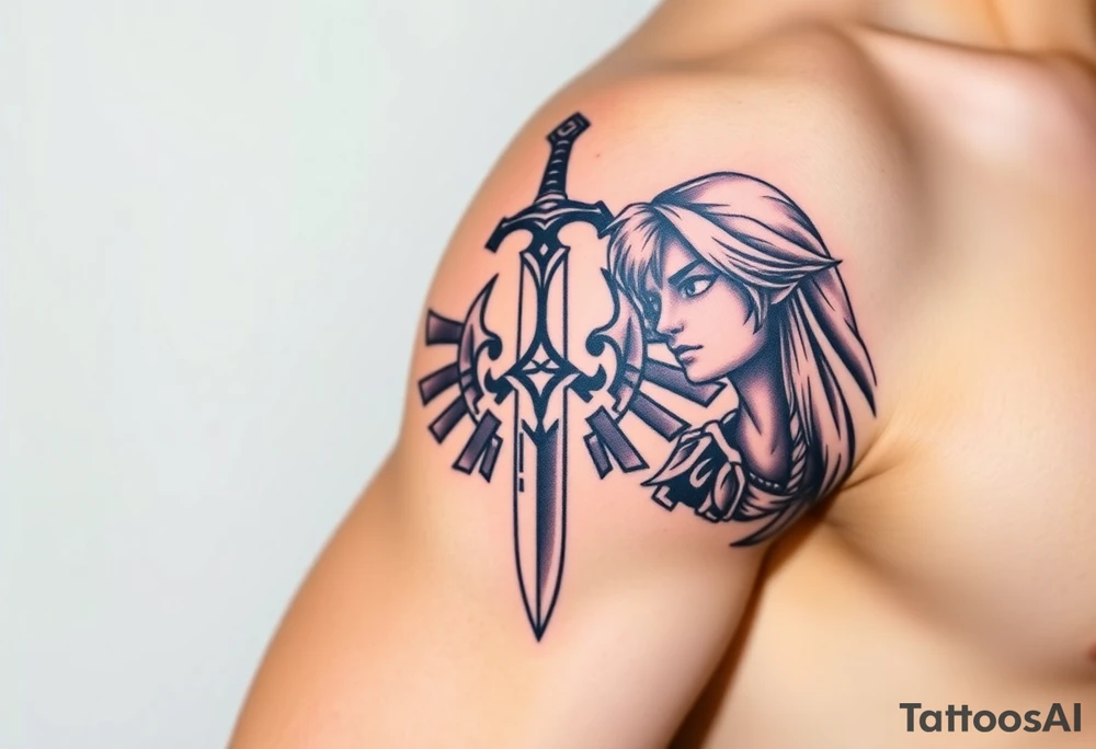1. Theme: The Legend of Zelda: specifically Link and Zelda
2. Placement: Left Upper Arm
3. Style: Breath of the Wild (in color)
4. Elements to include: Master Sword in center, Link‘s face on one side, looking away from the sword, Zelda on the other side of the sword, looking in the other direction
5. size: full upper arm covered tattoo idea