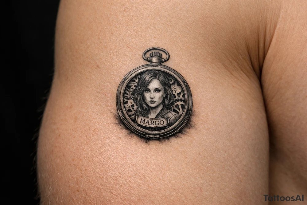 Realistic pocket watch with Margo's portrait inside, gears visible. tattoo idea