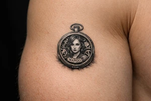 Realistic pocket watch with Margo's portrait inside, gears visible. tattoo idea