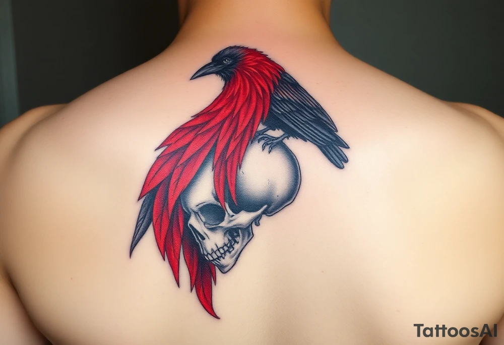 A gothic raven perched on a skull, with a veil of blood-red feathers, representing love even through darkness and loss tattoo idea