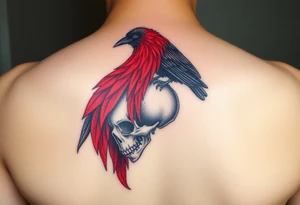 A gothic raven perched on a skull, with a veil of blood-red feathers, representing love even through darkness and loss tattoo idea