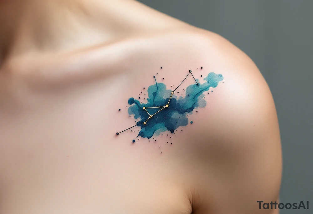 A fine-line Capricorn constellation emerging from a splash of deep teal and midnight blue ink. tattoo idea