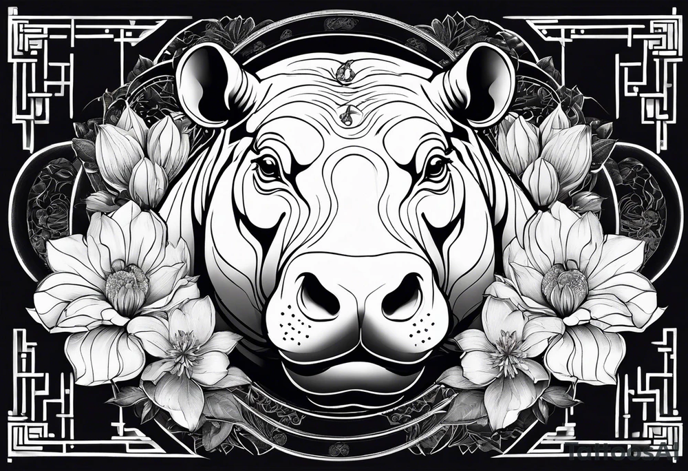 Very asymmetrical, +geometric pattern, with realistic full moon, with seeious looking hippo, +zen feel, + Buddhism touch,
with wintersweet flower bud, +portrait orientation, +inkart touch, tattoo idea