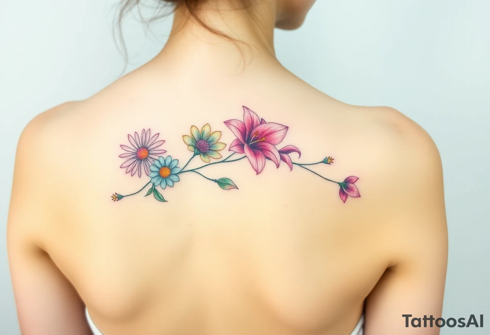 This tattoo is on a woman. It is a line of flowers connected by a single stem. It starts on her left side of the chest with a Glaiolus and Daisy together, then the tatoo rises over the left shoulder and down the arm and ends at the elbow. The tattoo will include a primrose, Calla Lily, and a Lilly. It will be light on color except in the petals and has light shading to make it pop. tattoo idea
