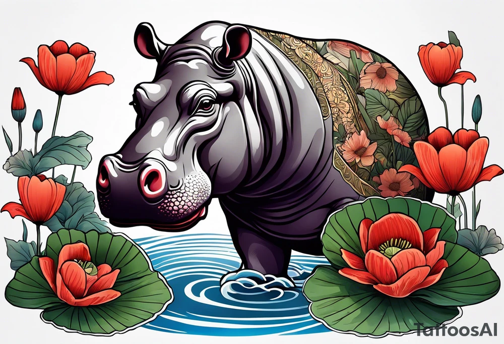 Hippopotamus, poppies, water lilies, tattoo idea