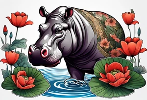 Hippopotamus, poppies, water lilies, tattoo idea
