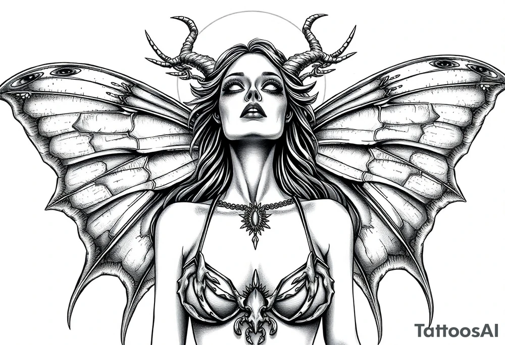 ethereal lunar moth resemblance powerfully sexy depiction of the goddess estate nude full frontal with exotic erotic lingerie orgasmic stare realistic the hottest depiction of the goddess of Love and war basking in the sun high above half a face bone skeleton tattoo idea