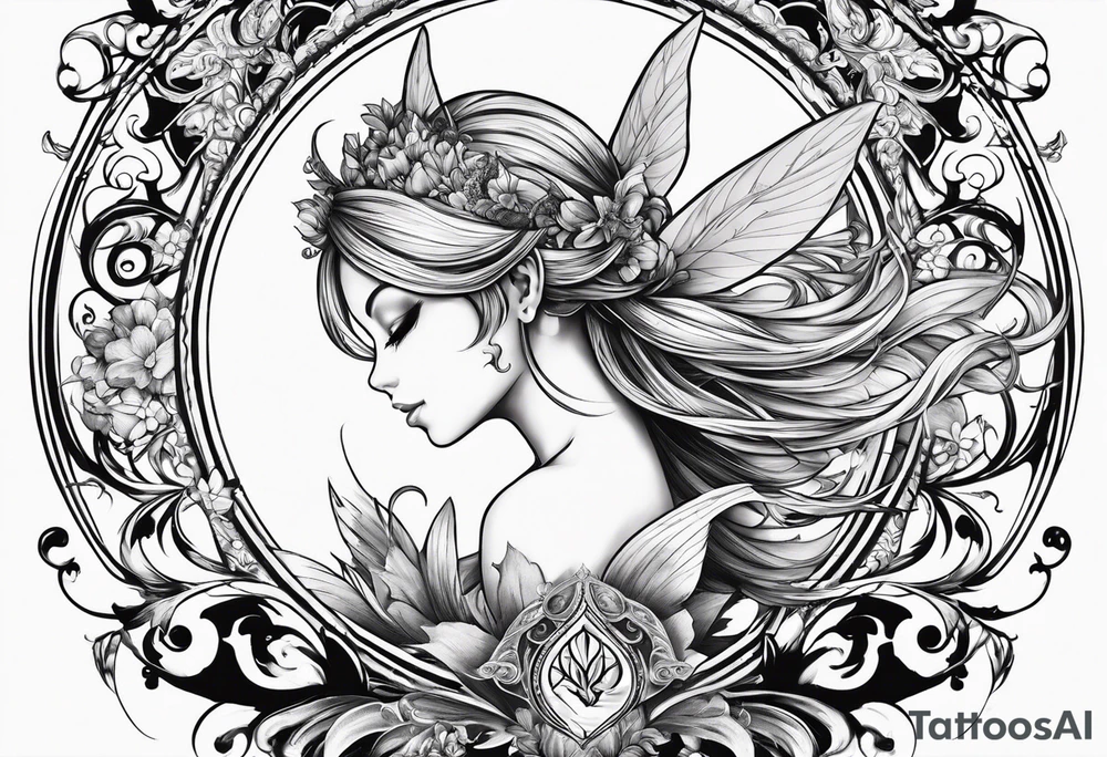 A fairy with a tail inspired by the logo of the show called Fairy Tail in a fetal position leaning in tattoo idea