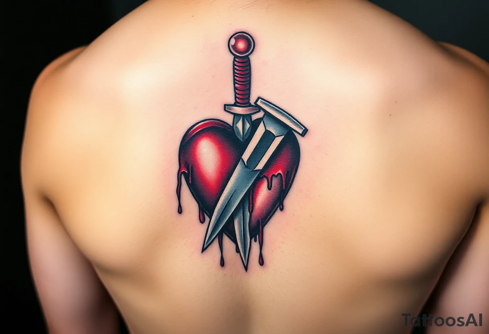 A bloody dagger piercing through a heart, with dark reds and metallic silver, representing pain, sacrifice, and passion tattoo idea