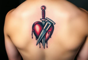 A bloody dagger piercing through a heart, with dark reds and metallic silver, representing pain, sacrifice, and passion tattoo idea