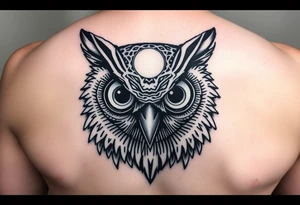Owl head with large intense tripping on acid colored eyes without pupils, cyber style  and glowing circle on the forheadl tattoo idea