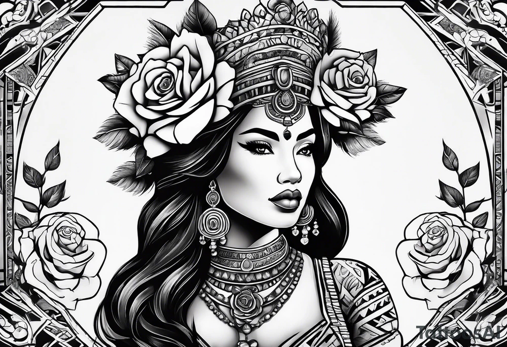 Mayan princess with roses & desert tattoo idea