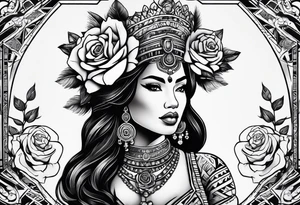 Mayan princess with roses & desert tattoo idea
