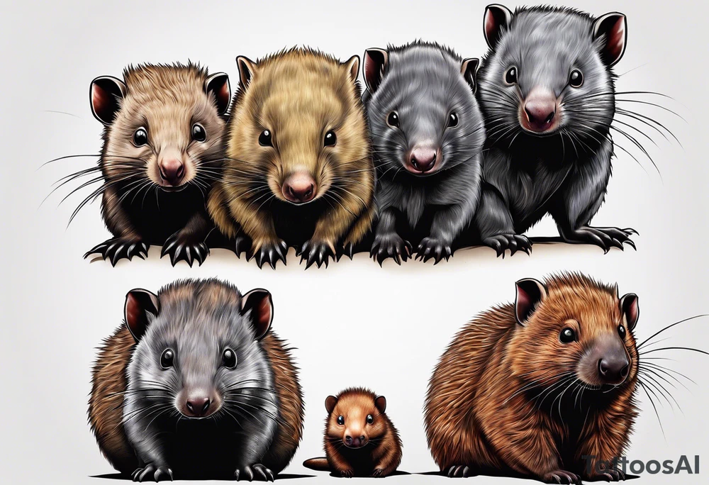A family made up of a Wombat, A Sugar Glider, A Platypus & an Echidna tattoo idea