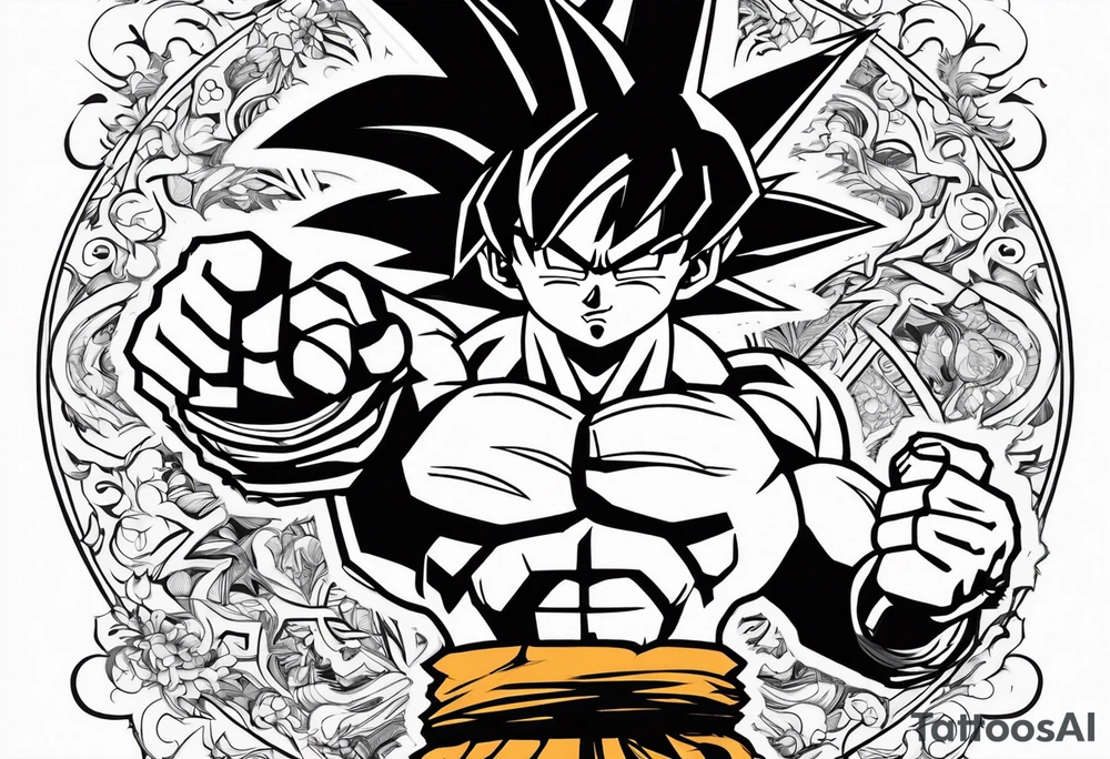 paint son goku as a super saiyajin 2, doing a kamehameha. sourround him by his friends and his family. all of them are displayed as a papercut tattoo idea