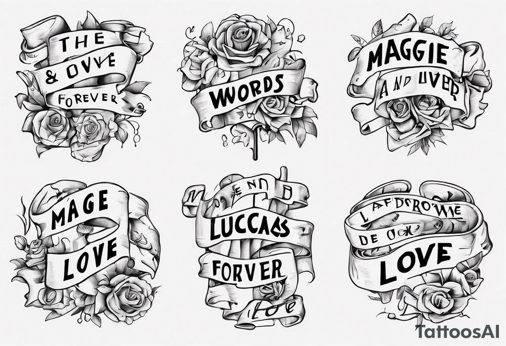 The words Maggie and Lucas and Love and Forever in a crossword puzzle tattoo idea