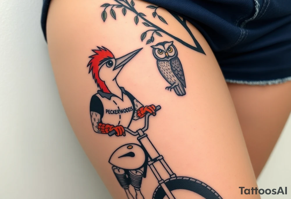 Woody the woodpecker wearing a leather vest that says peckerwoods, on a Harley Davidson under a willow tree, gazing in love at a barn owl tattoo idea