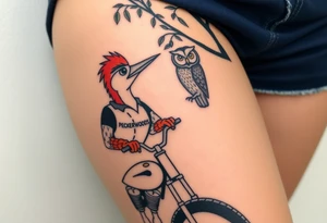 Woody the woodpecker wearing a leather vest that says peckerwoods, on a Harley Davidson under a willow tree, gazing in love at a barn owl tattoo idea