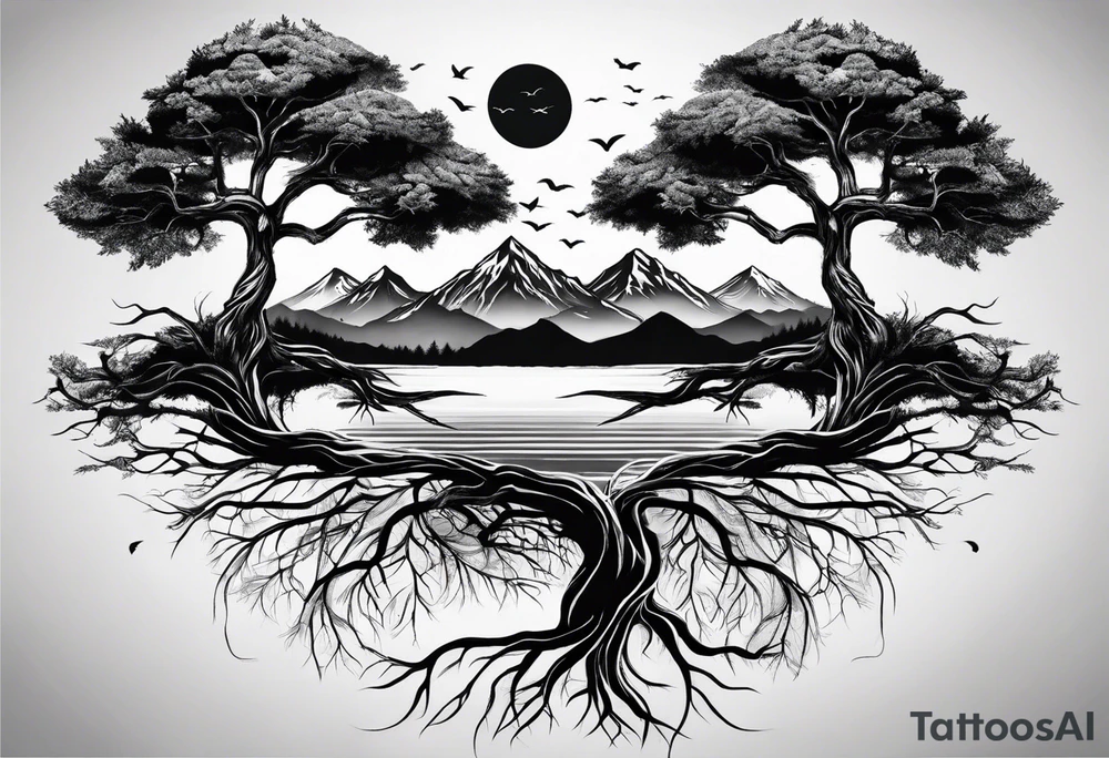 Three mountains three trees with roots tattoo idea Three mountains three trees with roots tattoo idea