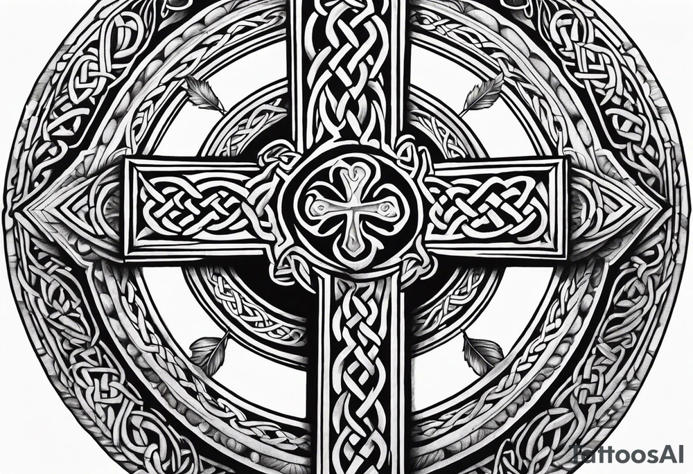 Celtic cross, shamrock in center, one Indian feather hanging from each side arm of cross tattoo idea