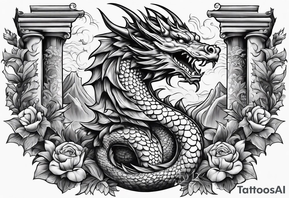 Cute Dragon roman columns tattoo idea