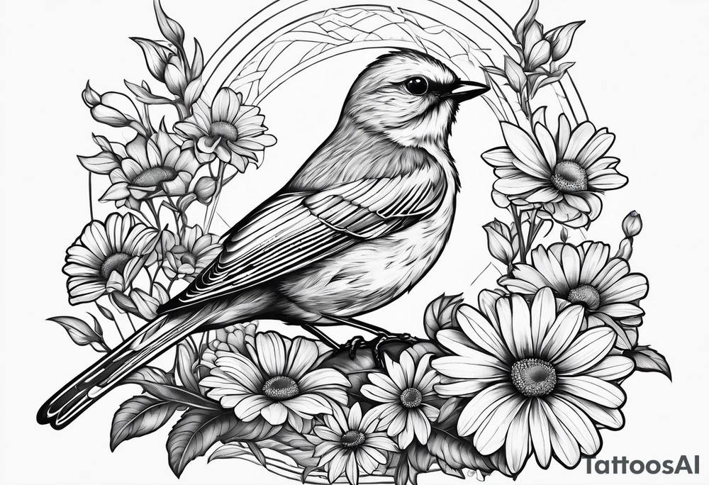 Little bird perched in daisy field tattoo idea