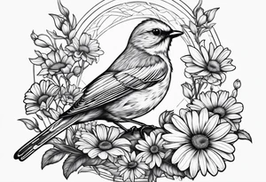 Little bird perched in daisy field tattoo idea