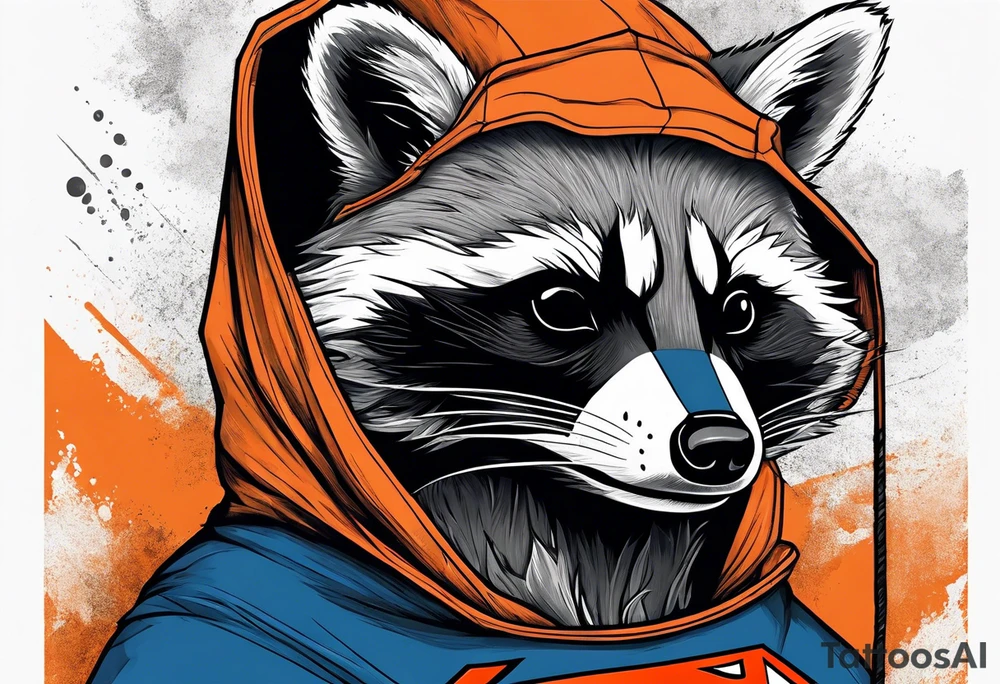 Raccoon wearing an orange Superman hoodie tattoo idea