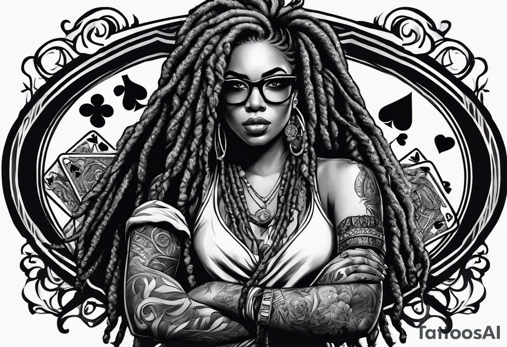 woamn with dread locks and un glasses playing cards and dice tattoo idea