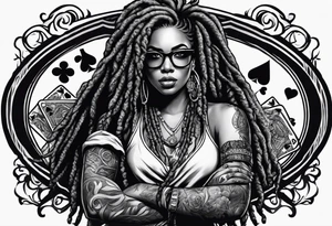 woamn with dread locks and un glasses playing cards and dice tattoo idea