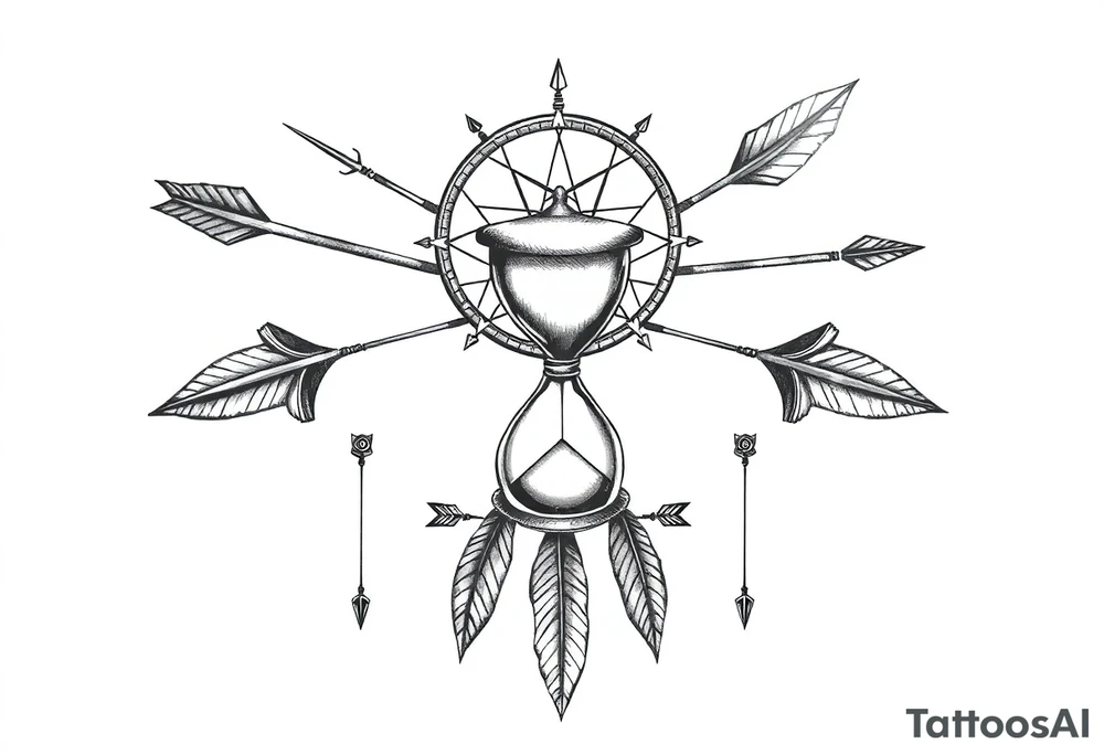Detailed arrows pointing different ways with hourglass between and compass over top dream catcher circling the entire tattoo idea