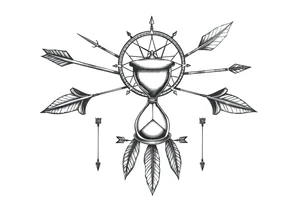 Detailed arrows pointing different ways with hourglass between and compass over top dream catcher circling the entire tattoo idea