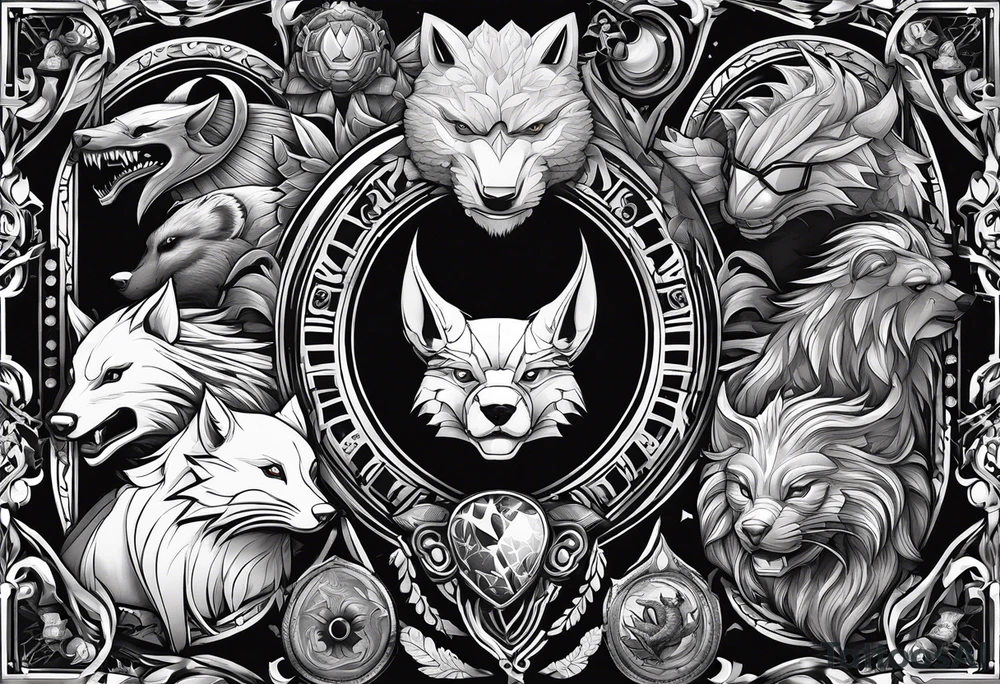 a super hero team which is combination of animals.
One is Badger/Wolverine One is Bull One is Wolf One is Axolotl One is Canary One is Lizard One is Cat tattoo idea