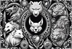 a super hero team which is combination of animals.
One is Badger/Wolverine One is Bull One is Wolf One is Axolotl One is Canary One is Lizard One is Cat tattoo idea